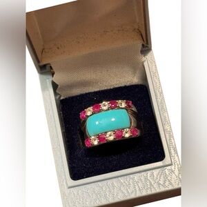 Turquoise Cabochon, Cubic Zirconia & Rubbelite 925 Sterling Silver Ring